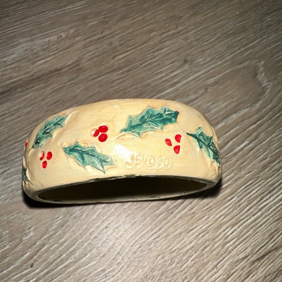 Vintage 90s Jim Shore Christmas Santa Bangle Bracelet Folk Art Holly Accent Boho - Picture 7 of 8